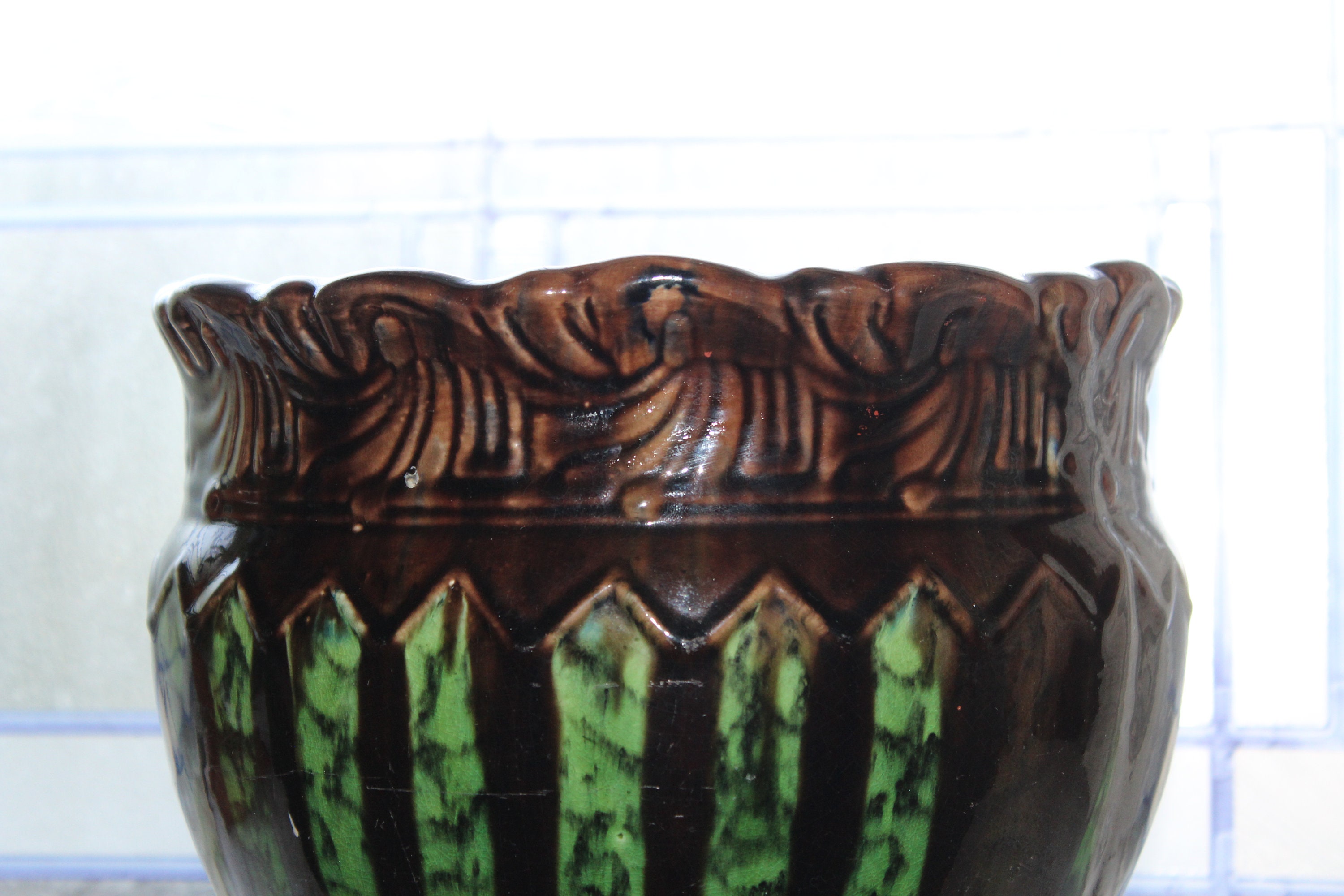 Large Antique Weller Pottery Striped Jardiniere