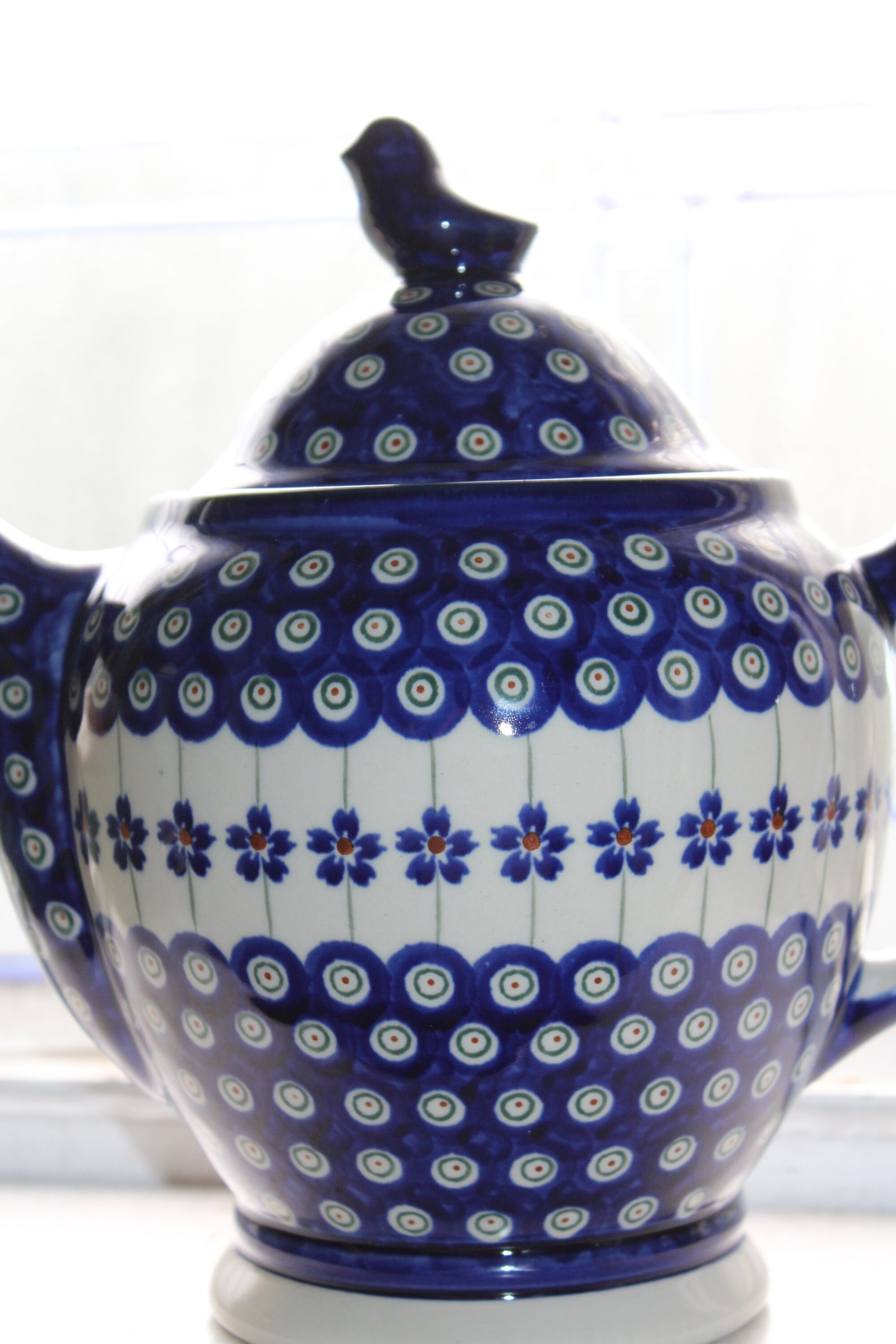 Vintage Polish Pottery Teapot Bird Finial Boleslawiec Blue and White
