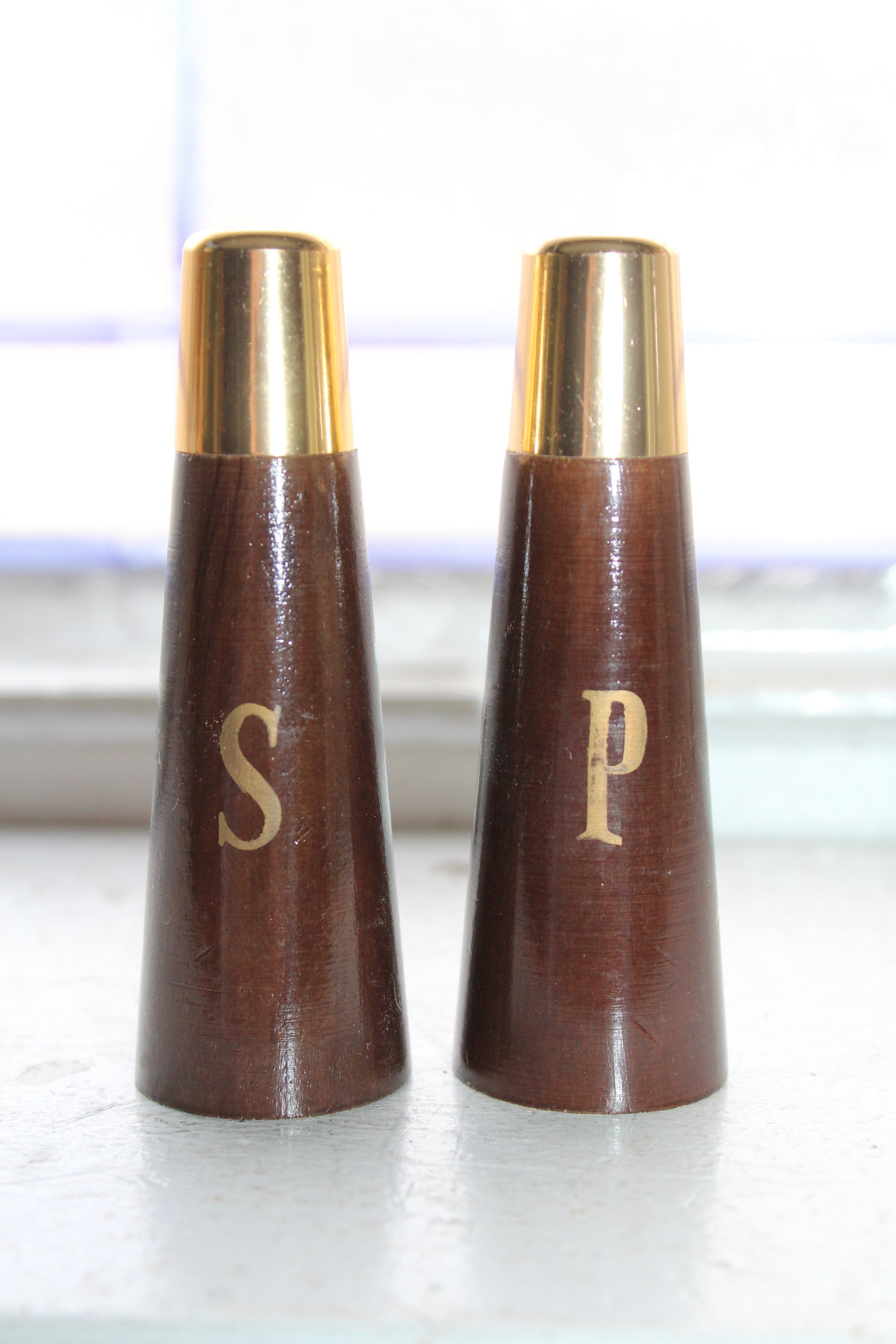 Vintage Salt and Pepper Shakers Mid Century Wood and Brass