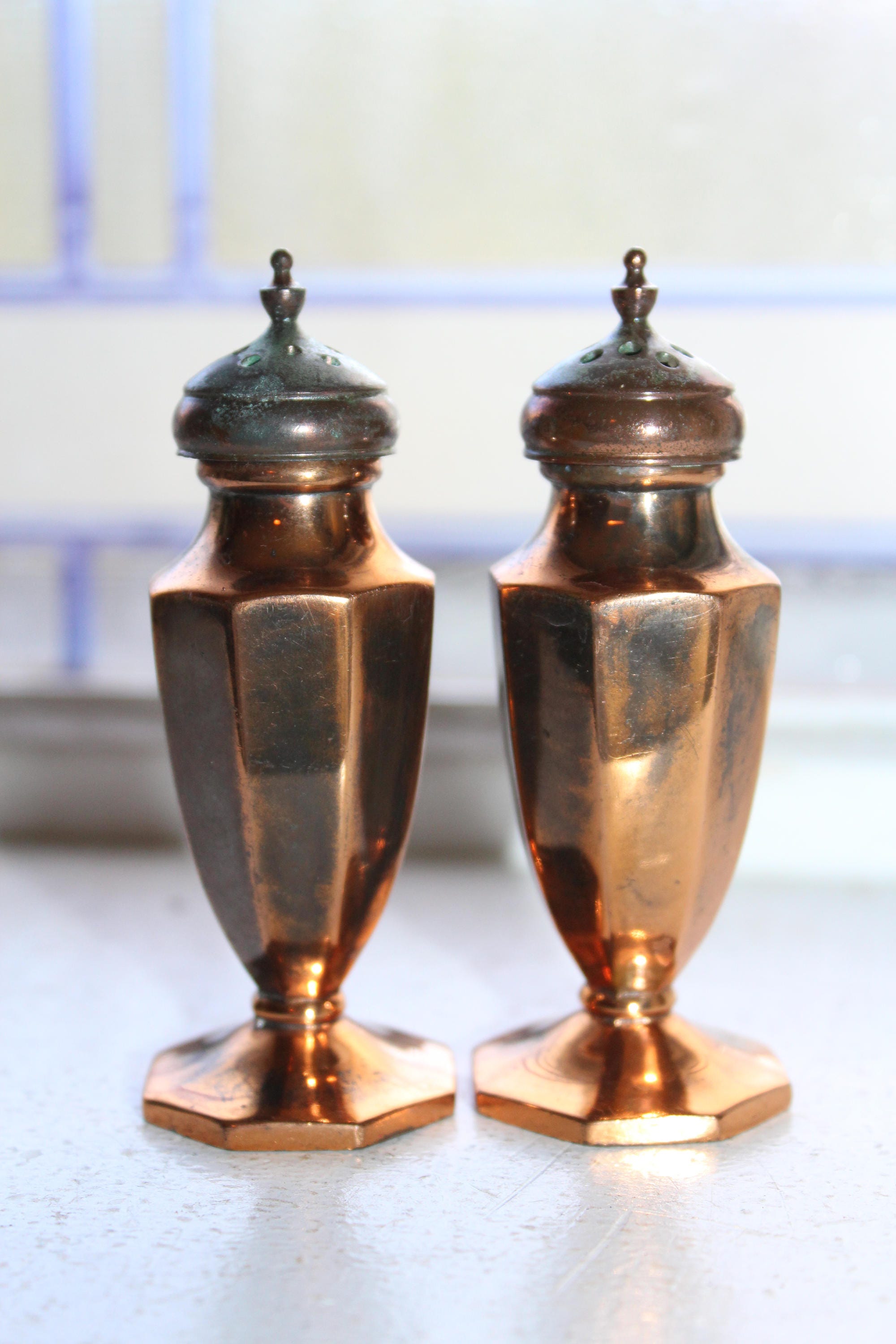 Vintage J.B. Salt & Pepper Shakers Copper Tone Metal