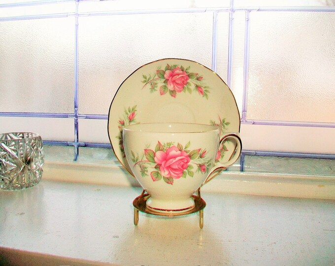 Queen Anne Tea Cup and Saucer Pink Roses Vintage