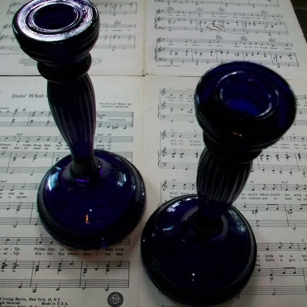 Vintage Cobalt Blue Candlesticks Glass Pair