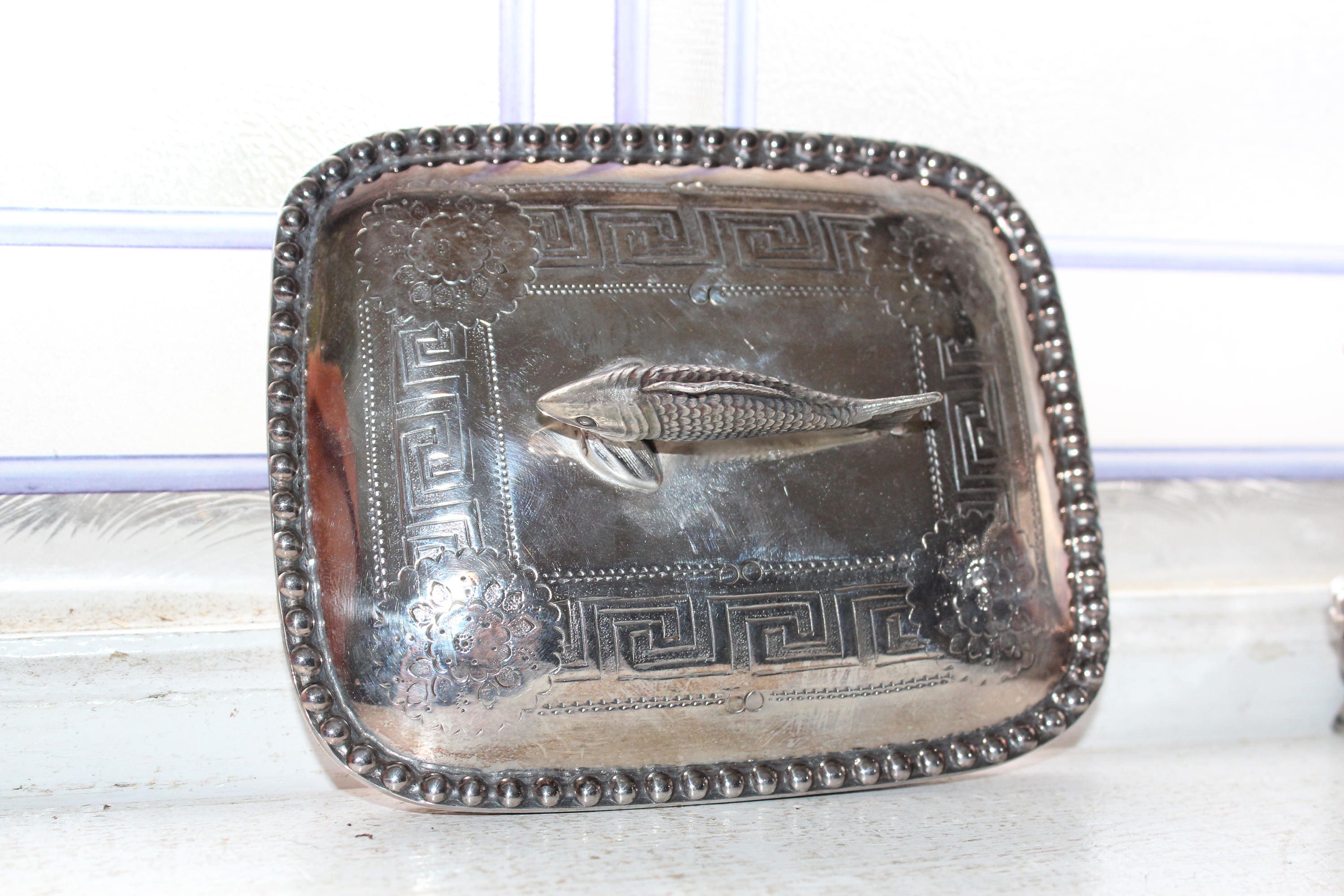 Antique Silverplate Sardine Box Redfield & Rice Circa 1860s Fish Finial