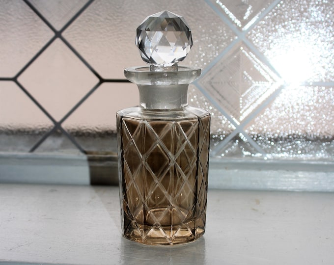 Antique Czech Cut Glass Scent Perfume Bottle Smoke Cut to Clear