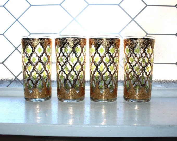 4 Mid Century Culver Valencia Glass Highball Tumblers 22K Hollywood Regency 5.5"