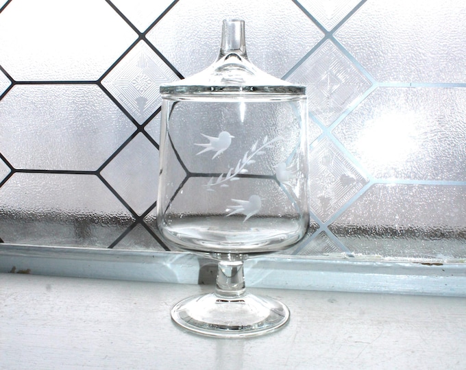 Mid Century West Virginia Glass Candy Dish Jar with Cut Love Birds