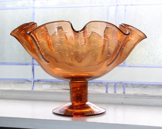 Mid Century Bischoff Glass Ruffled Compote with Controlled Bubbles