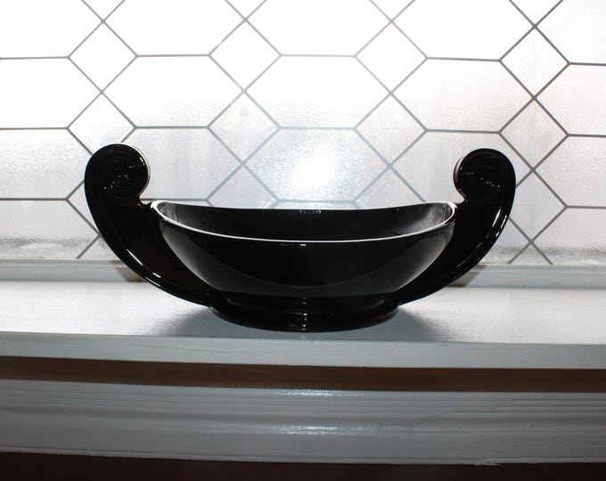 Vintage Fostoria Black Glass Grecian Scroll Console Bowl by George Sakier