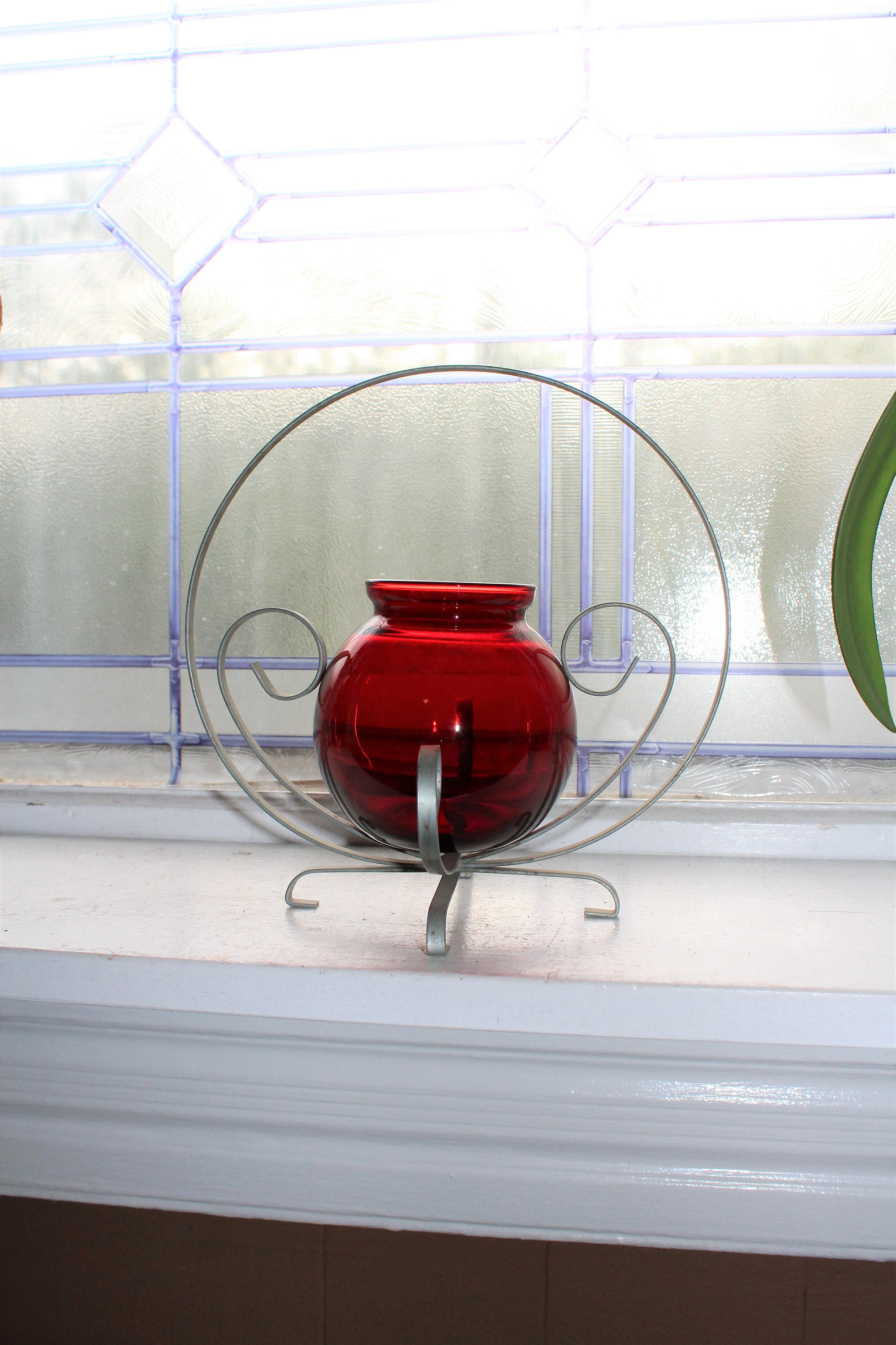 Royal Ruby Red Glass Ball Vase in Metal Stand Vintage 1940s
