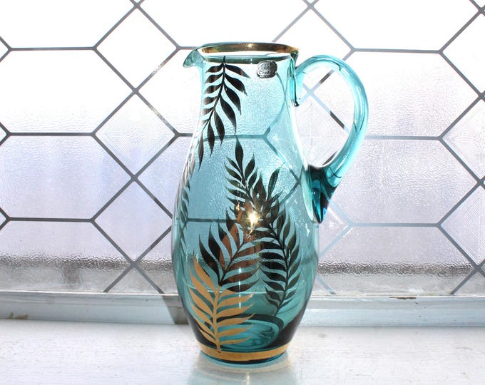 Vintage Mid Century Turquoise Bohemia Glass Pitcher with Gold Fern Leaves