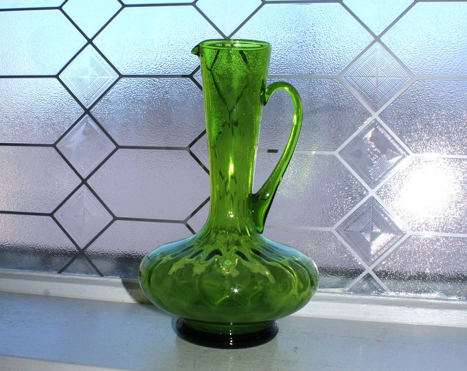 Mid Century Italian Lobeco Empoli Green Glass Large Ewer Pitcher