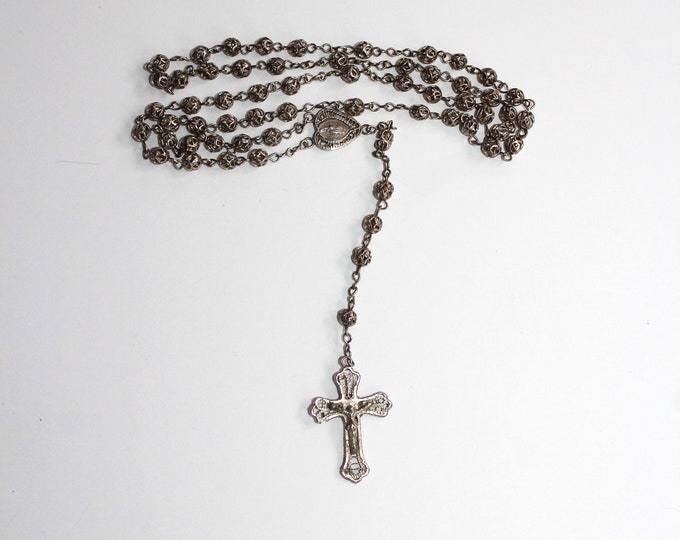 Antique Catholic Rosary Beads Silver Filigree Micro Beads and Crucifix