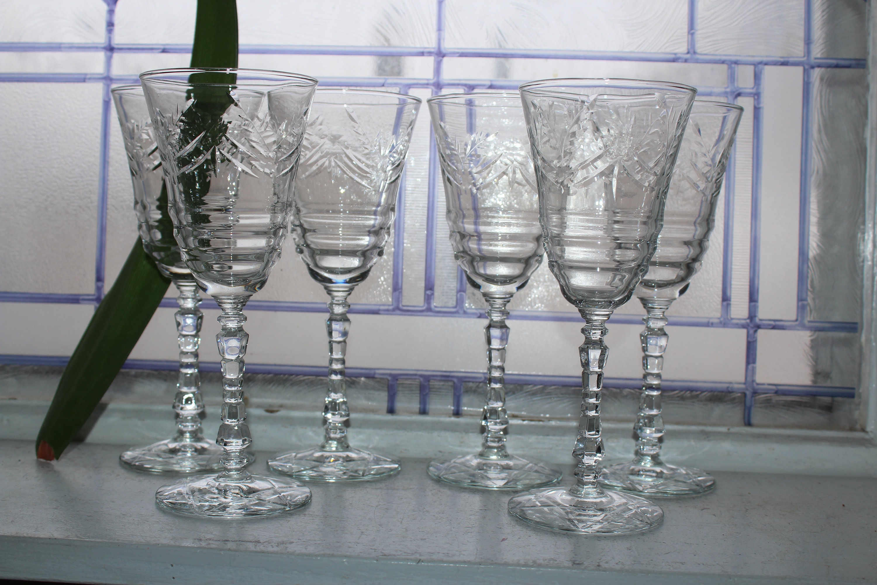 6 Vintage Art Deco Crystal Wine Glasses or Tall Sherbets