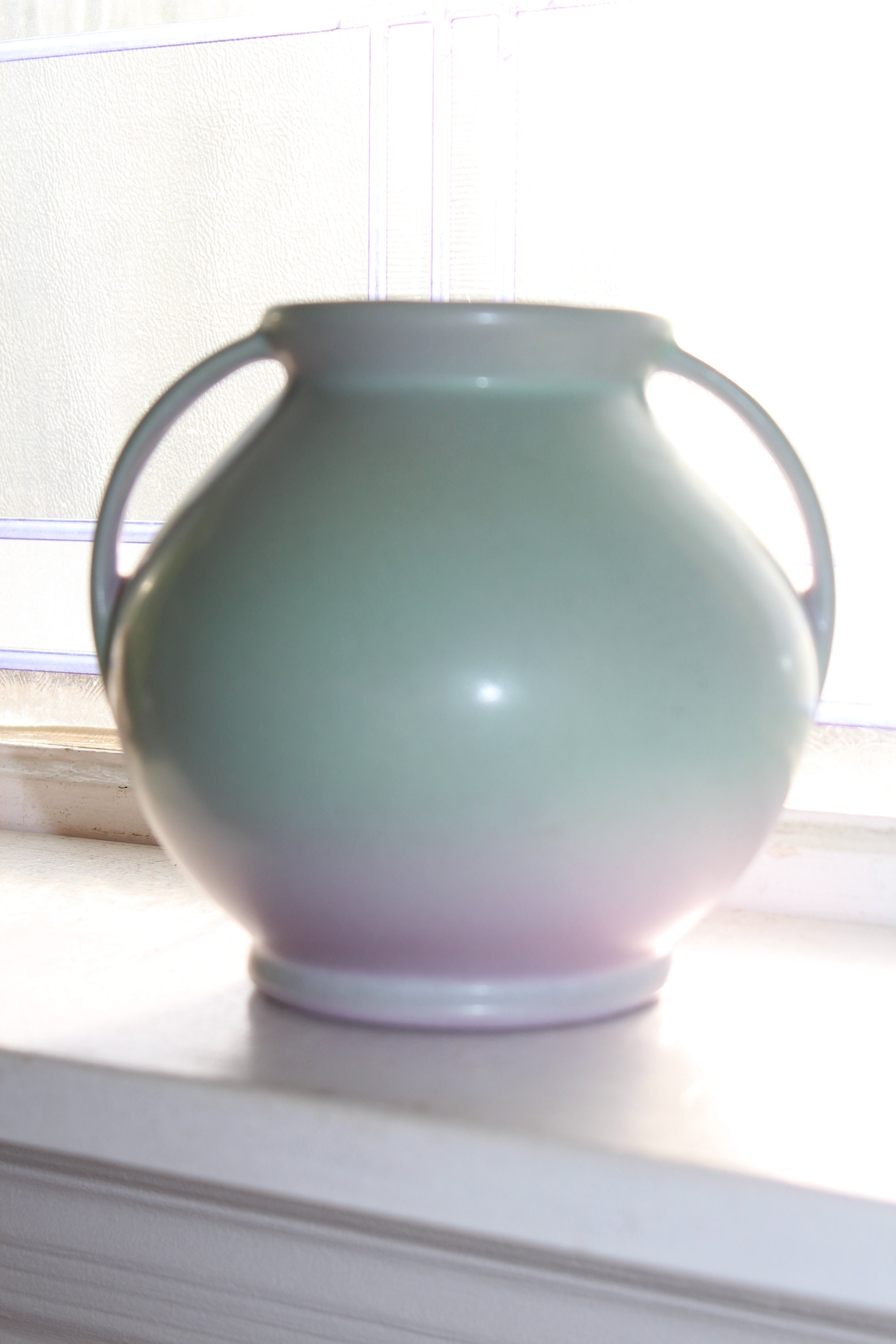 Vintage Rumrill Pottery Vase Green And Lavender With Handles 302