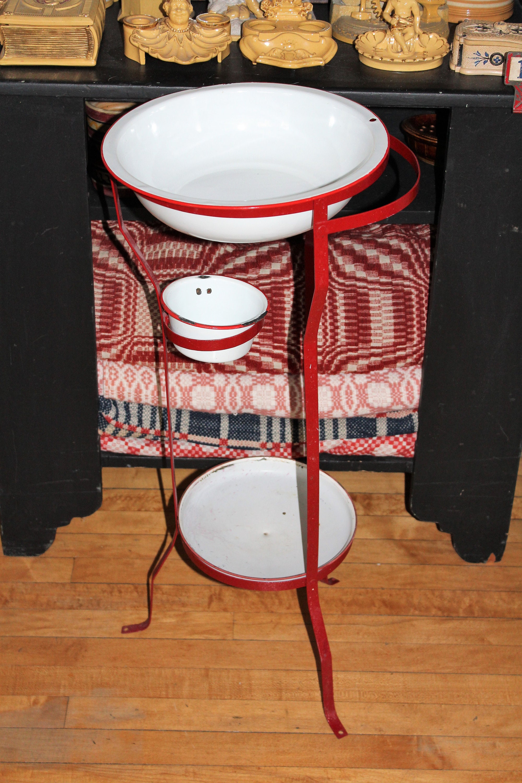 Vintage Red Metal Wash Stand with Bowl Rustic Farmhouse Decor