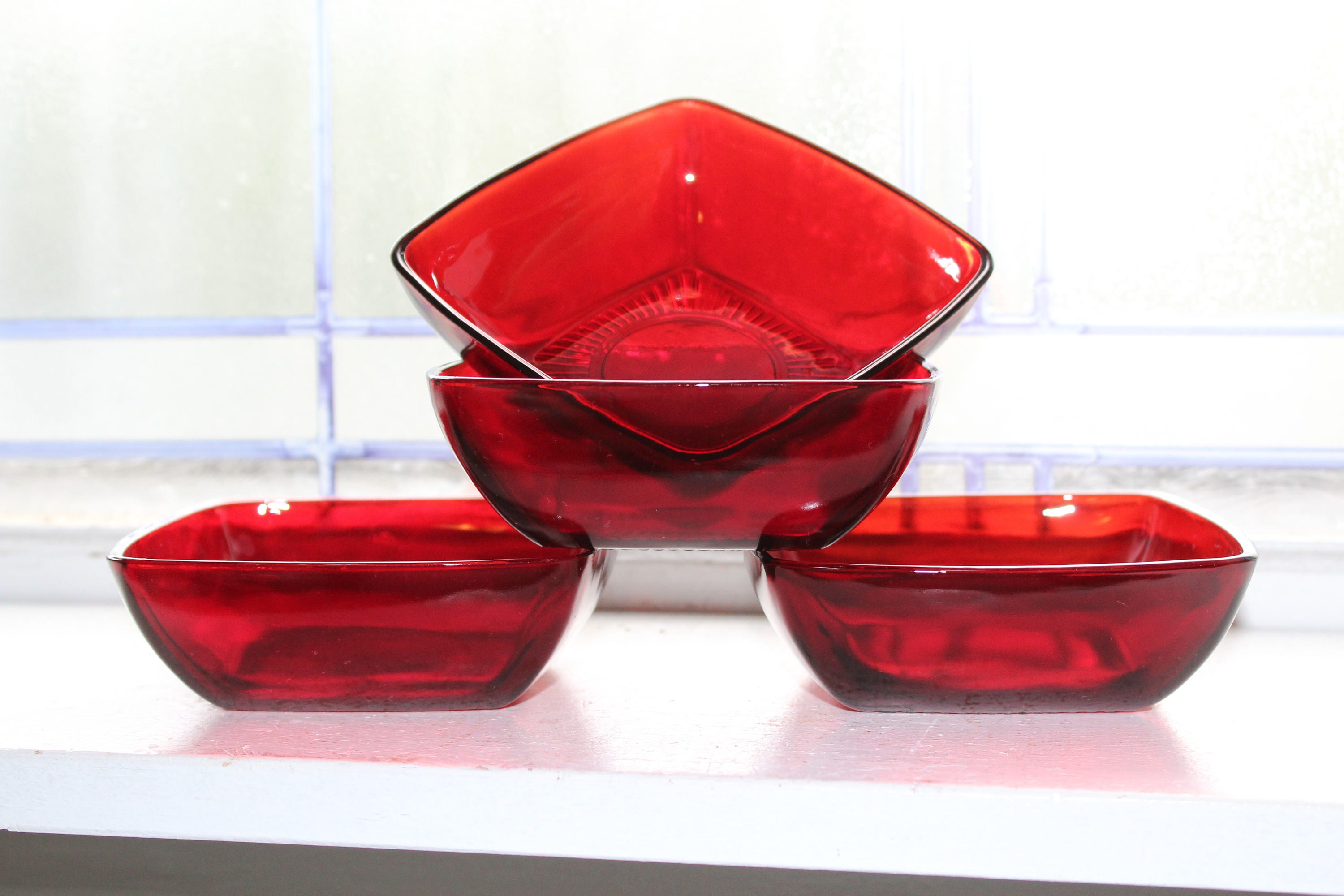 4 Royal Ruby Red Glass Berry Bowls Square Charm Vintage 1940s