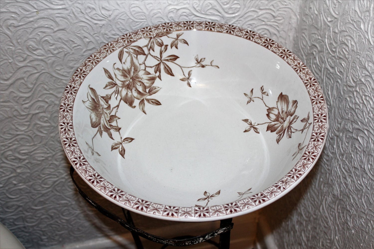 Antique Pitcher & Bowl Brown Transferware Floral Johnson Bros