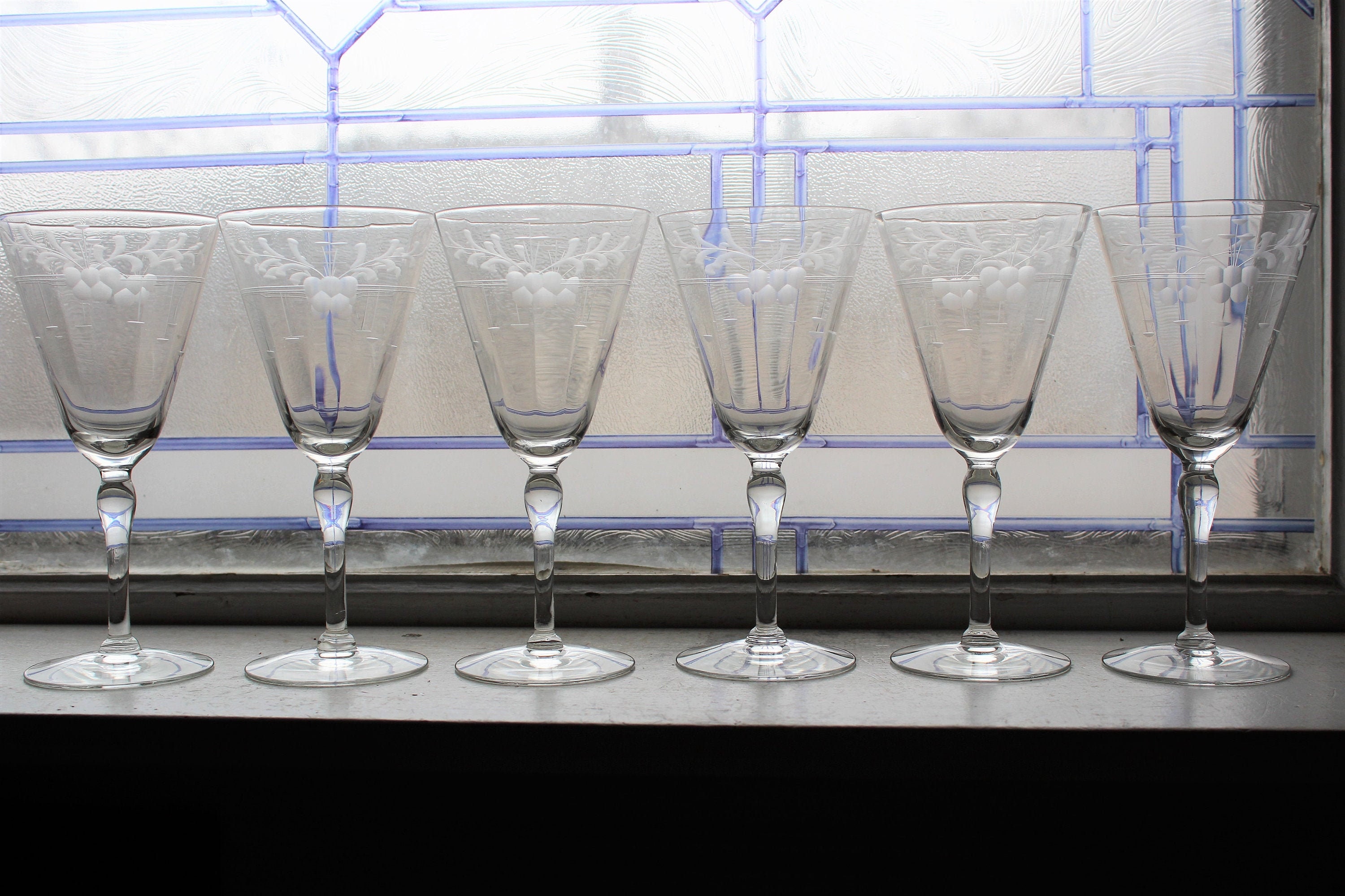 2 Art Deco Wine Glasses Stemware Vintage 1920s Etched Goblets