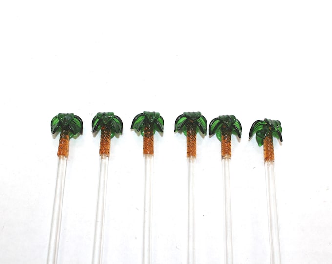 6 Glass Palm Tree Cocktail Swizzle Stir Sticks Tiki Bar Decor