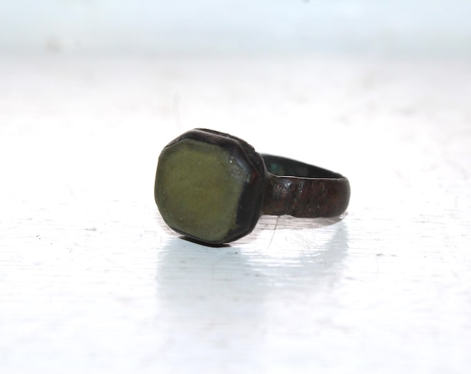 Authentic Antique Medieval Bronze Signet Ring with Yellow Stone