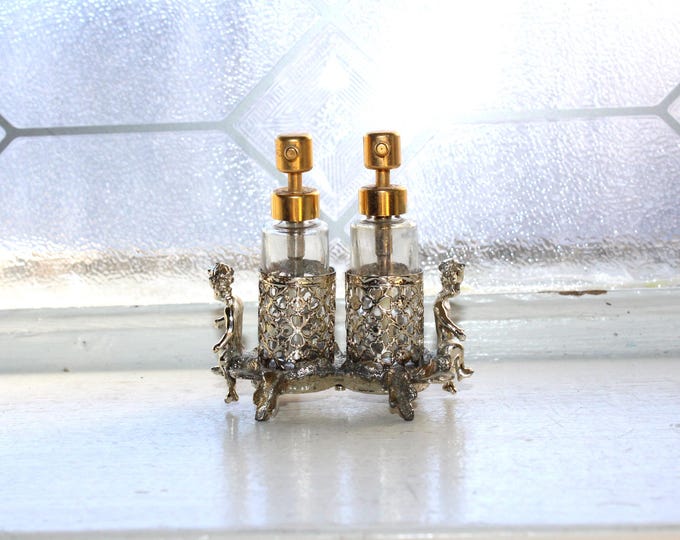 Ornate Vintage Sam Fink Ormolu Double Perfume Bottle Holder with Cherubs