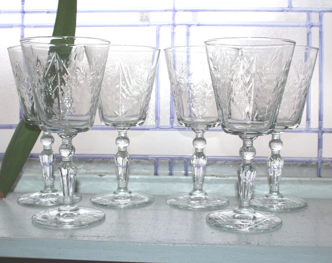 6 Vintage Art Deco Rock Sharpe 3006 Cut Crystal Wine or Water Glasses