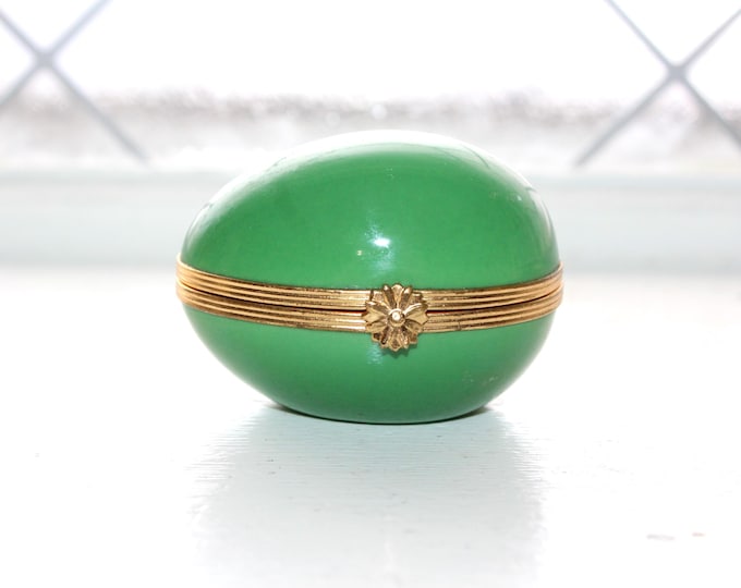 Vintage Limoges Green Egg Trinket Box with Gilt Metal Band