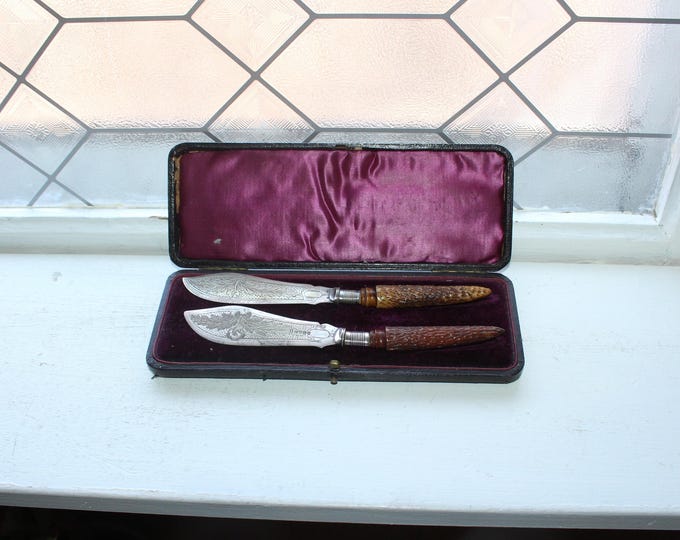 Antique English Victorian Silverplate Fish Knives Boxed Set Stag Horn Handle HW
