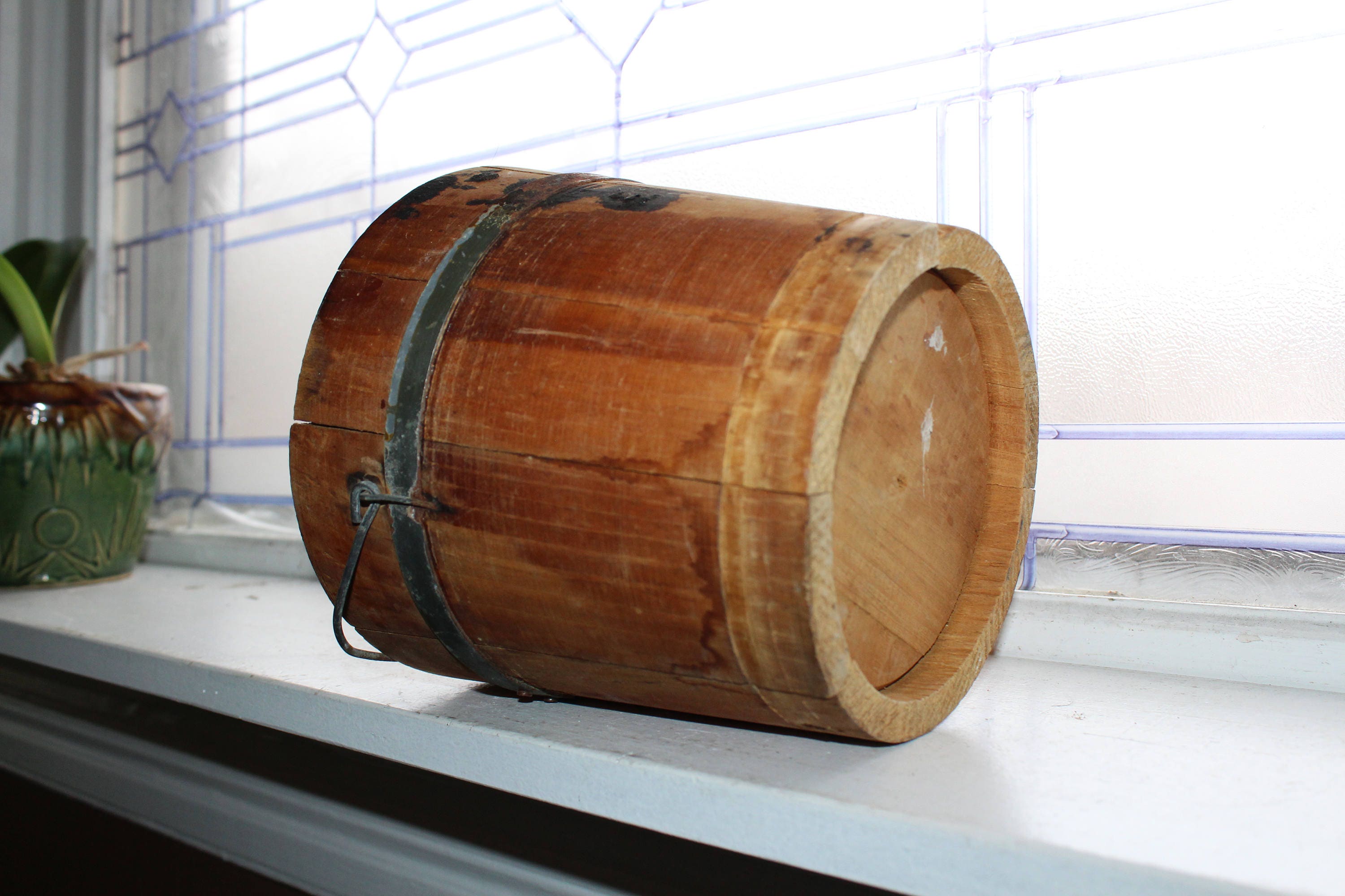 Antique Wood Bucket with Lid and Bale Handle Rustic Farmhouse Decor