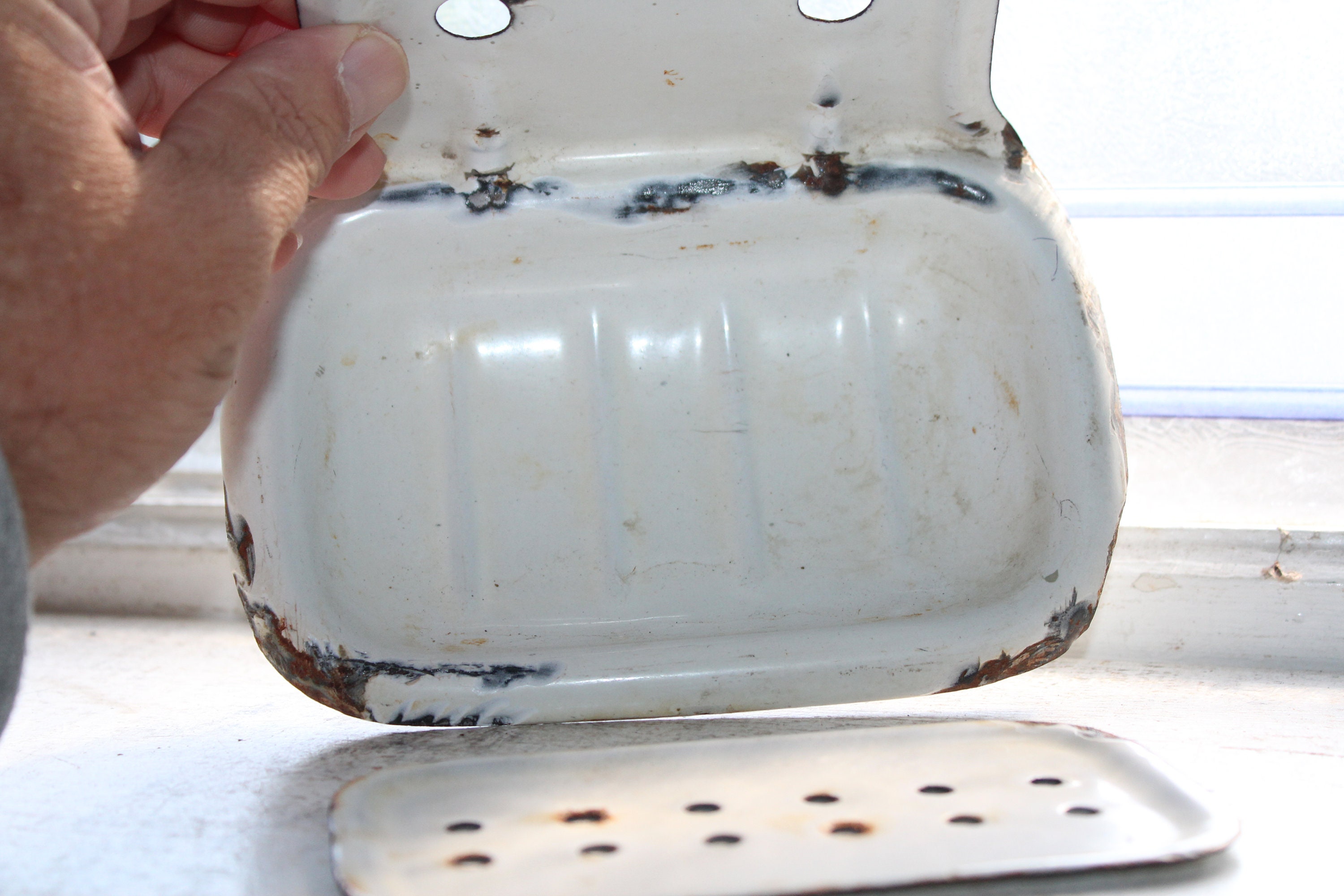 Vintage White Enamelware Soap Dish with Insert Rustic Farmhouse Decor