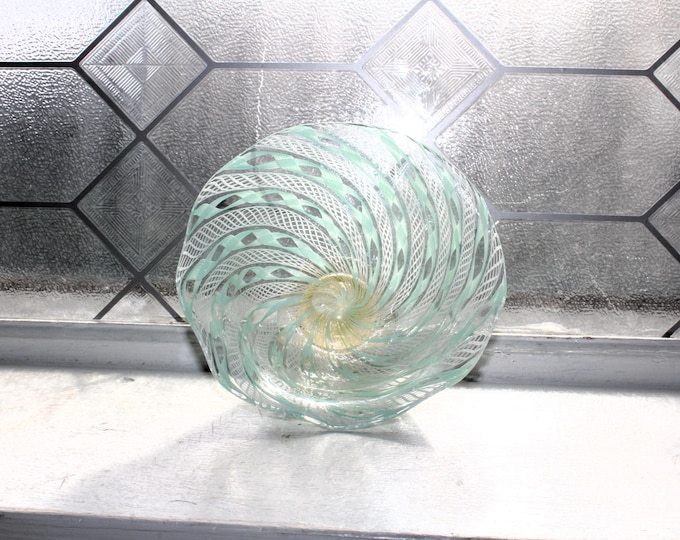 Vintage Murano Glass Latticino Pedestal Dish with Mint Green Ribbons