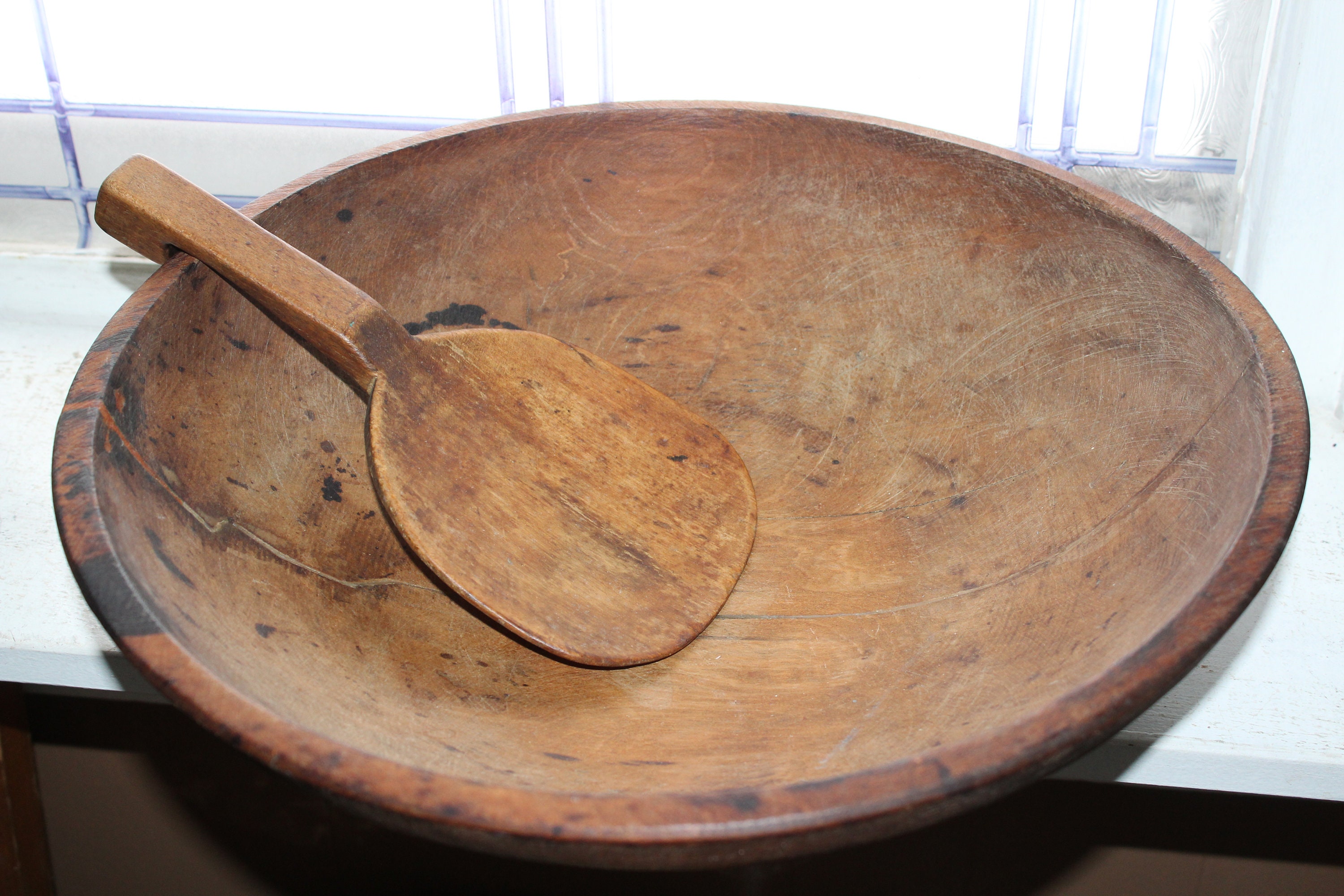 Large Wood Bowl & Butter Paddle Antique Rustic Farmhouse Decor