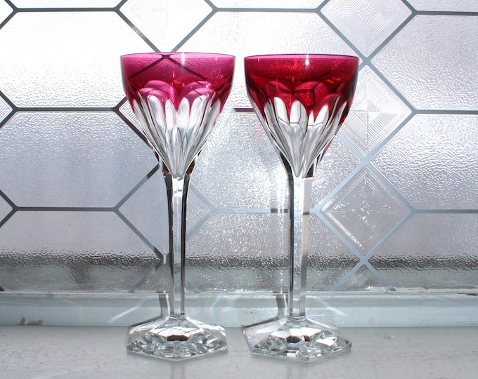 Val St Lambert Legagneux Tcpl Faceted Red Roemer Wine Glasses Pair