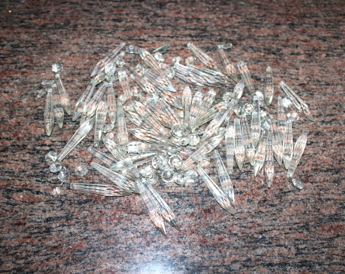 67 Antique Spear Point Victorian Faceted Crystal Prisms & Attached Round Crystal