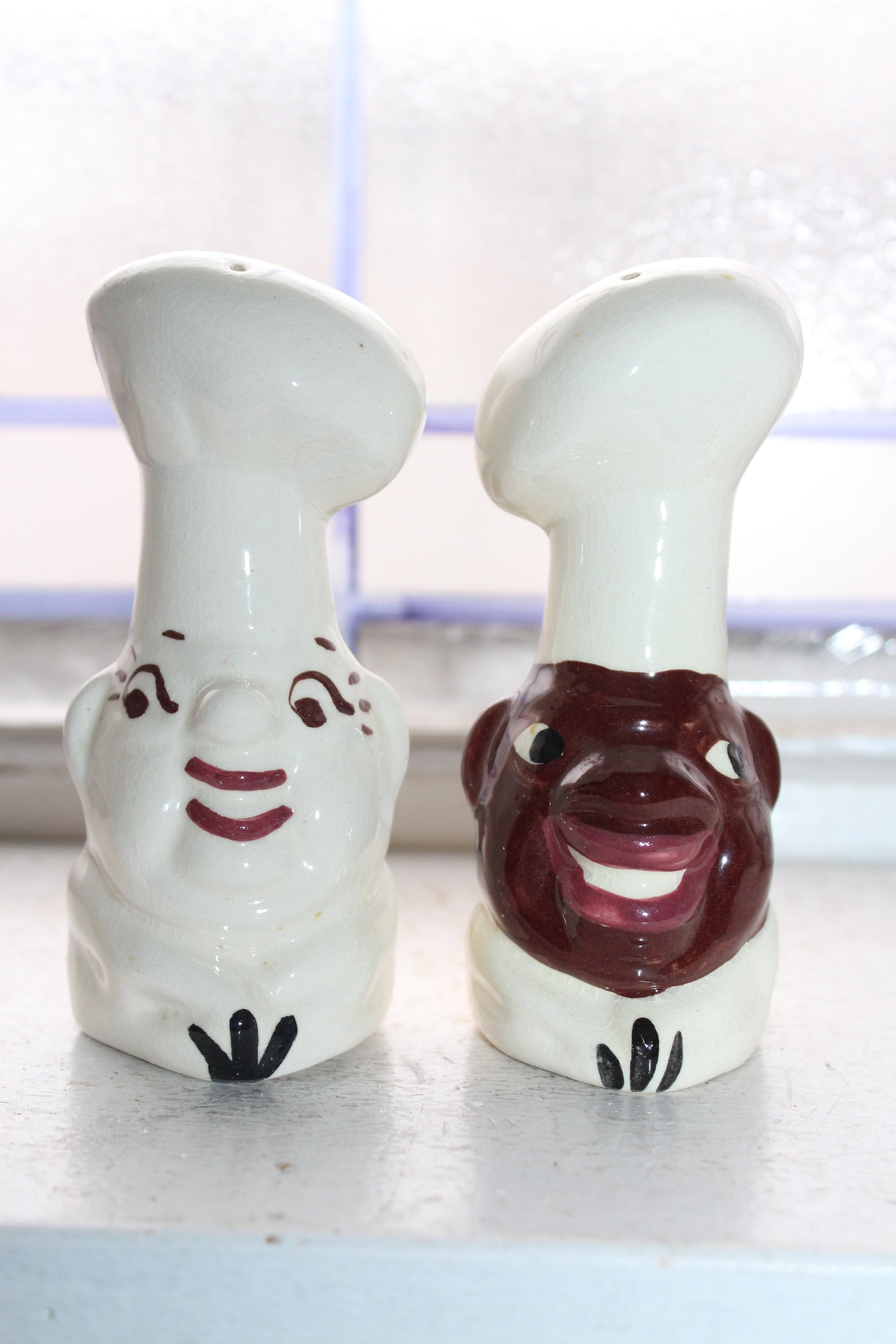Large Vintage Salt and Pepper Shakers Black and White Chefs