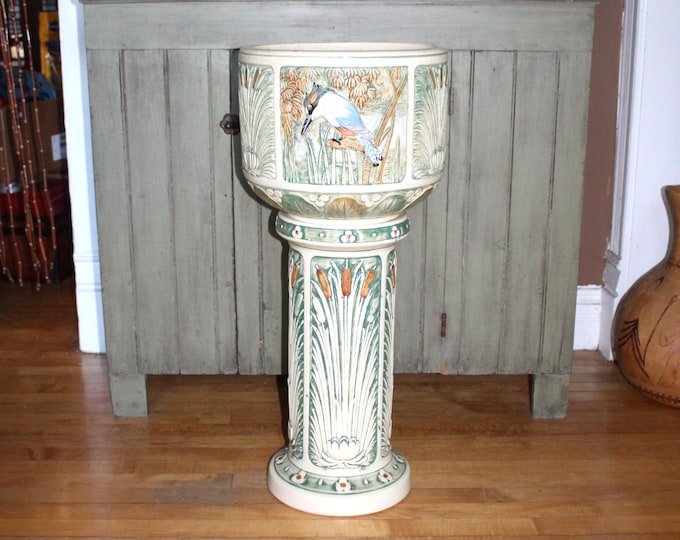 Antique Weller Pottery Zona Kingfisher Jardiniere & Pedestal