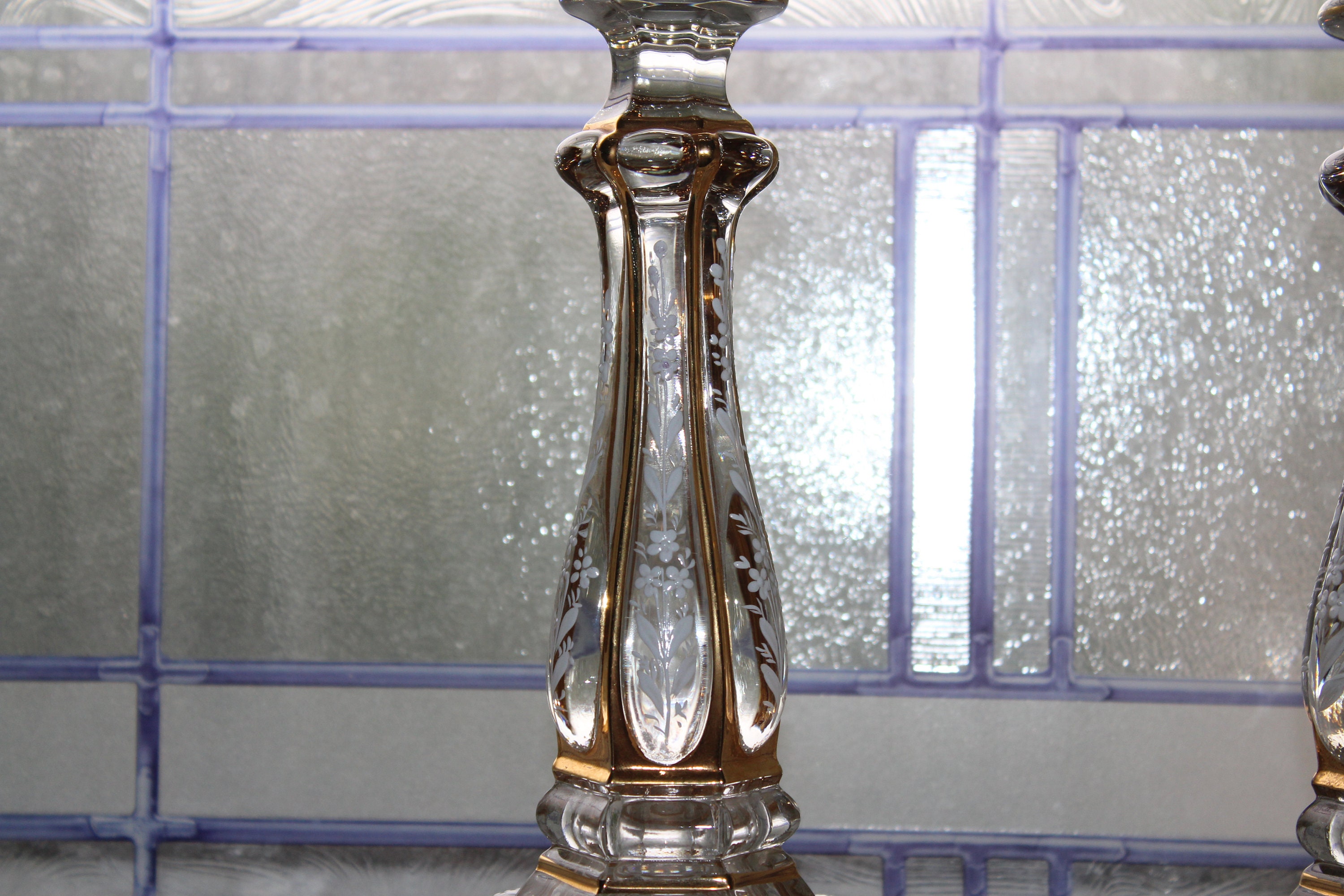 Large Antique Victorian Glass Candlesticks Pair with Enameled Flowers