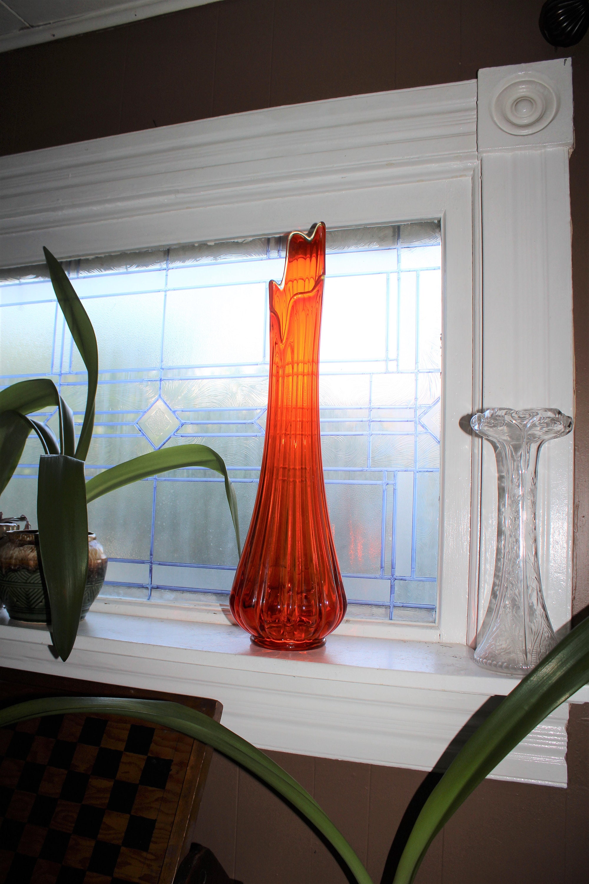 Large Orange Swung Glass Vase 23.25 Vintage Mid Century Modern