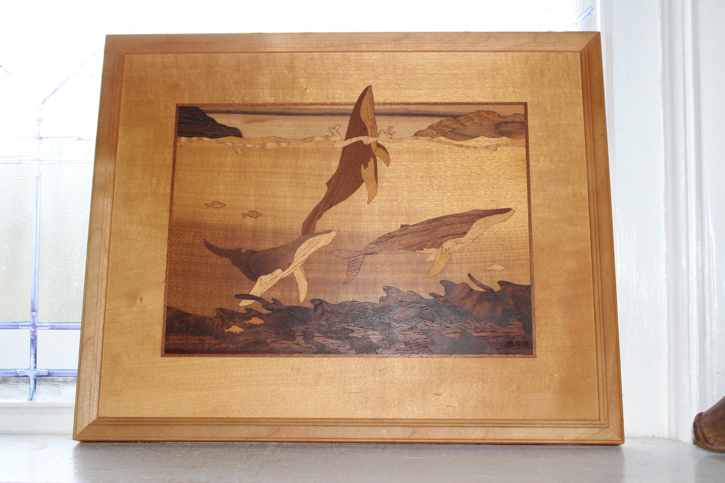 Vintage Wood Marquetry Hudson River Inlay Humpback Whales Wall