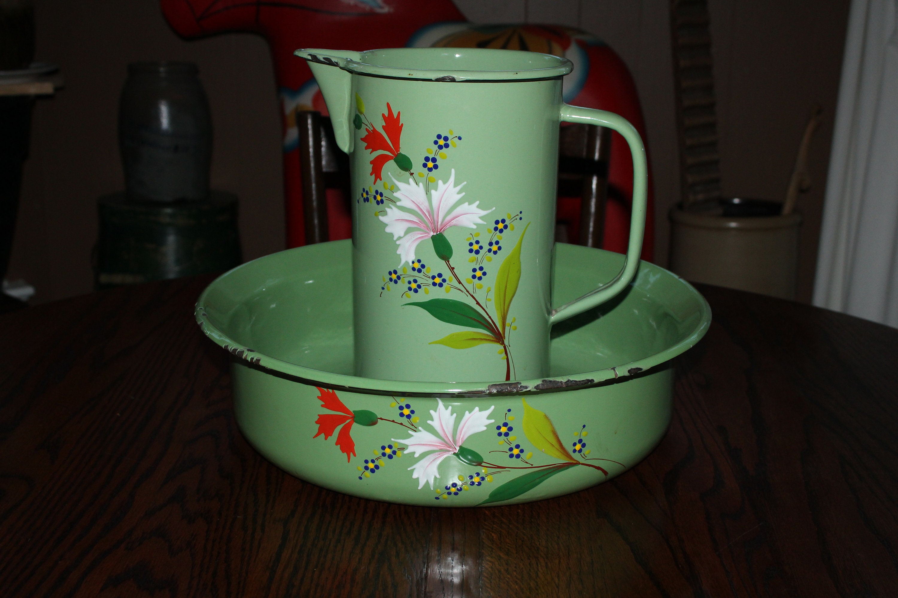 Antique Pitcher & Bowl Green Enamelware with Flower Decoration