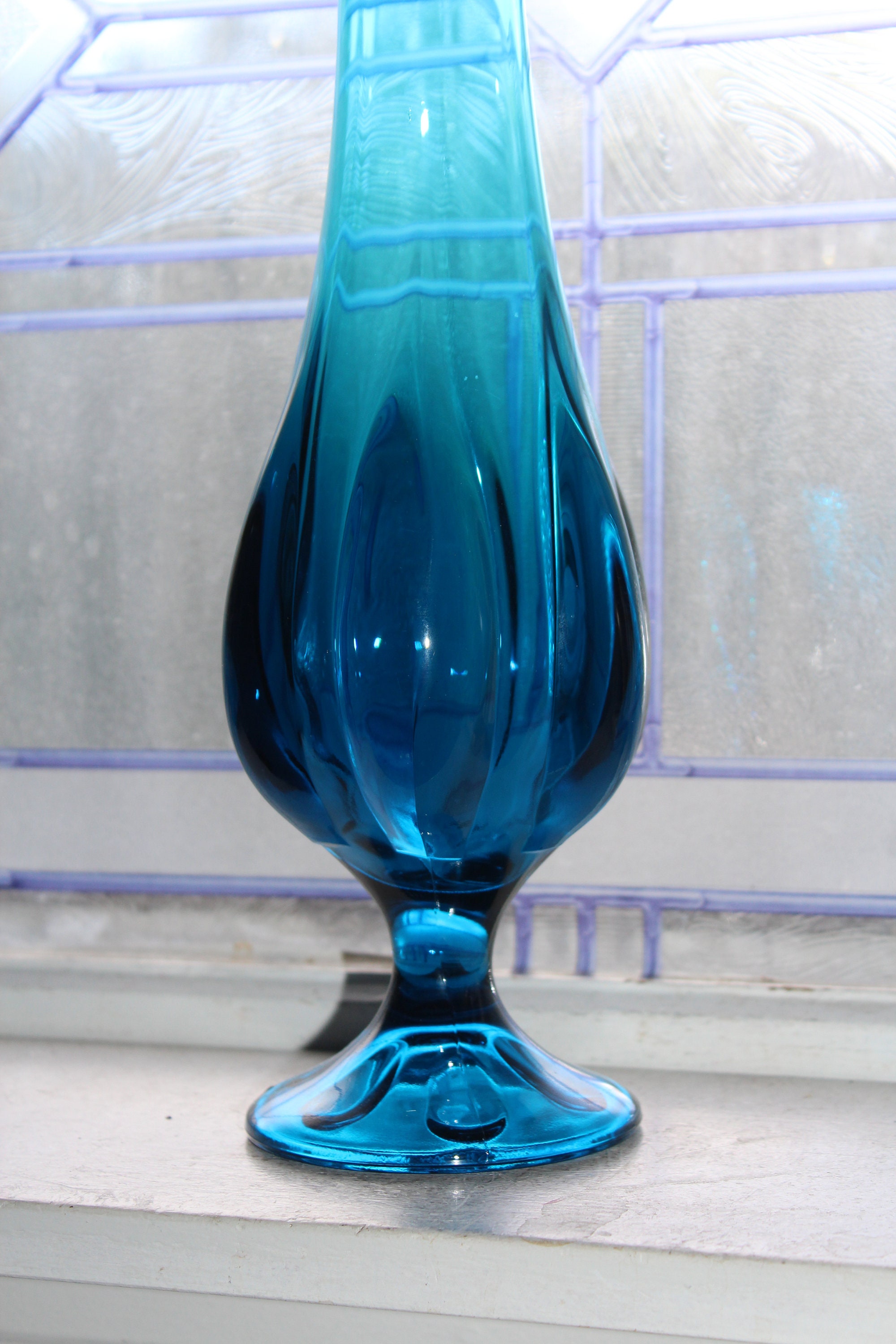 Large Blue Swung Glass Vase 17.5 Vintage Mid Century Modern