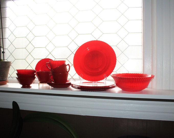Red Petalware Luncheon Set Vintage 1930s Depression Glass MacBeth Evans