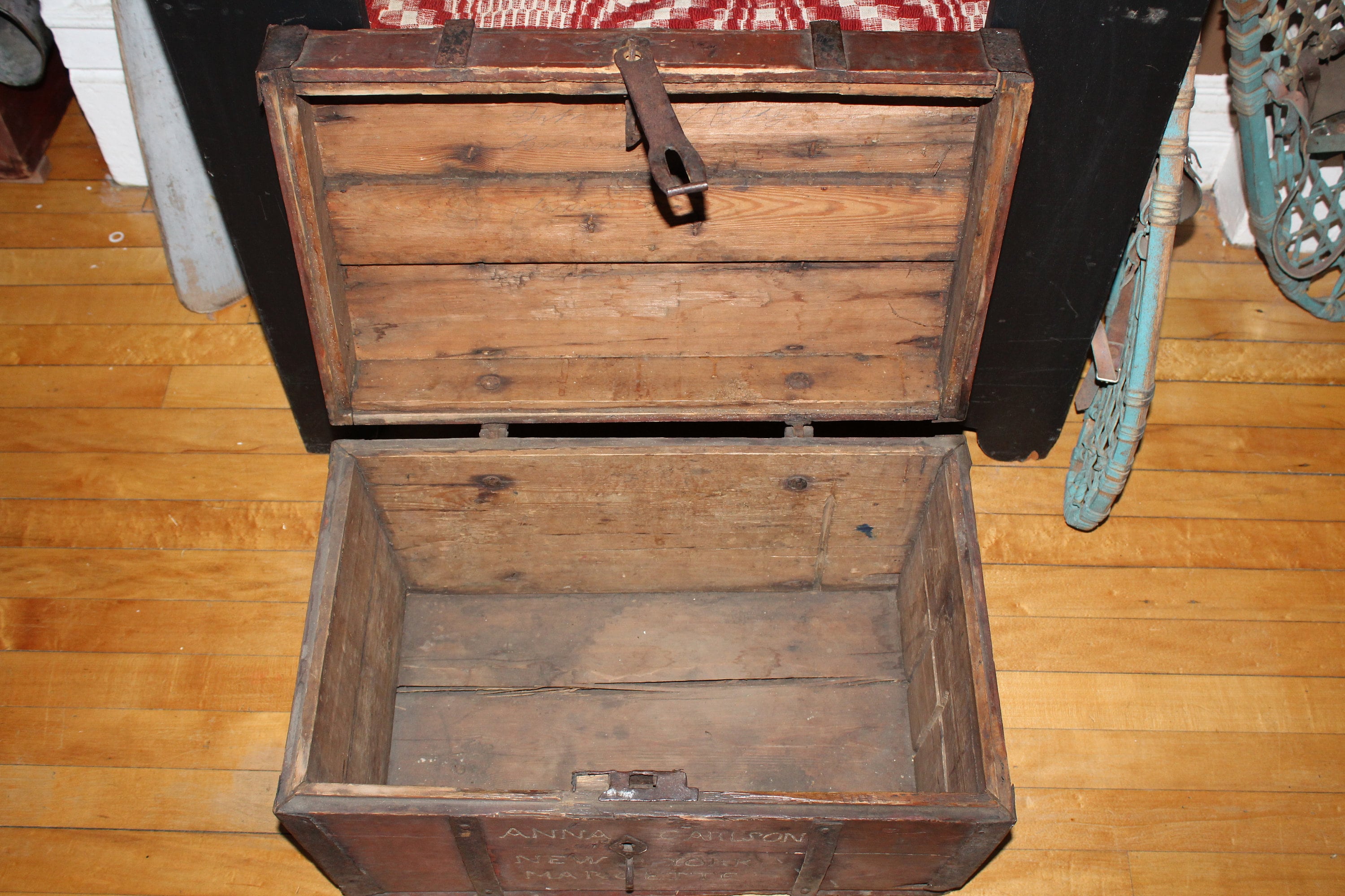 Antique 1800s Wood Trunk Immigrant Chest Original Red Paint New York