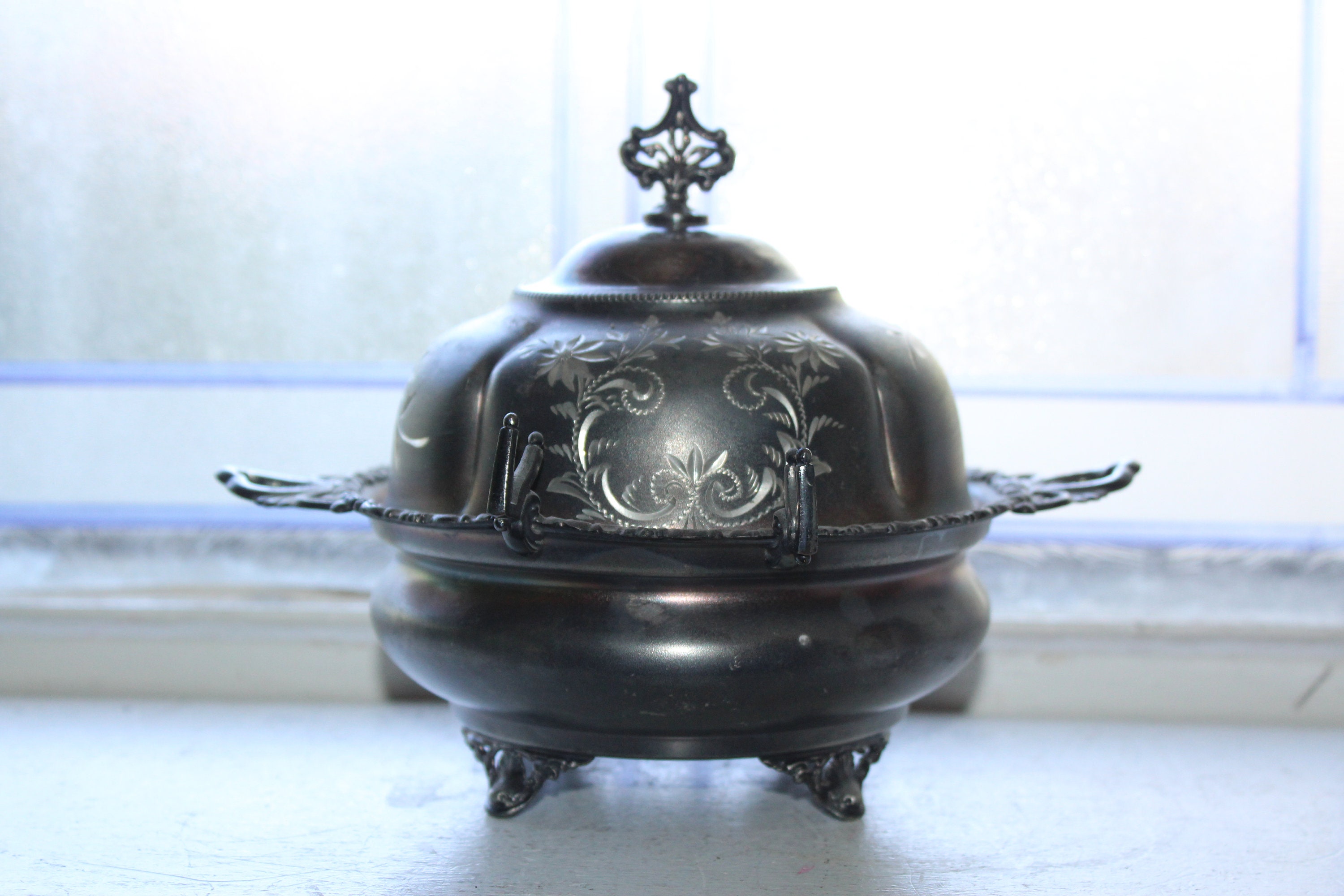 Antique Victorian Round Butter Dish Silverplate 1800s Van Bergh