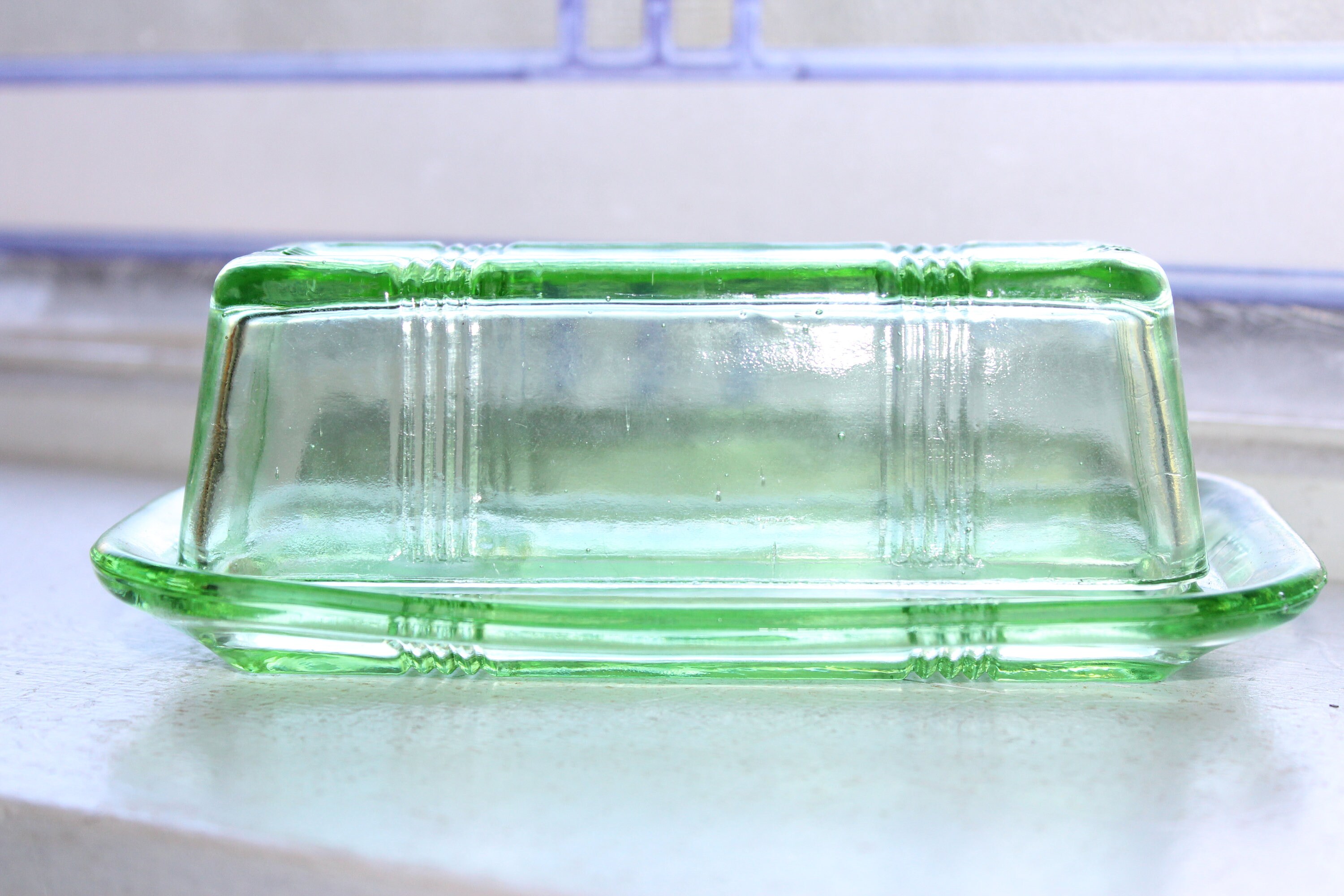 Green Depression Glass Butter Dish Criss Cross Design Vintage Kitchen Decor