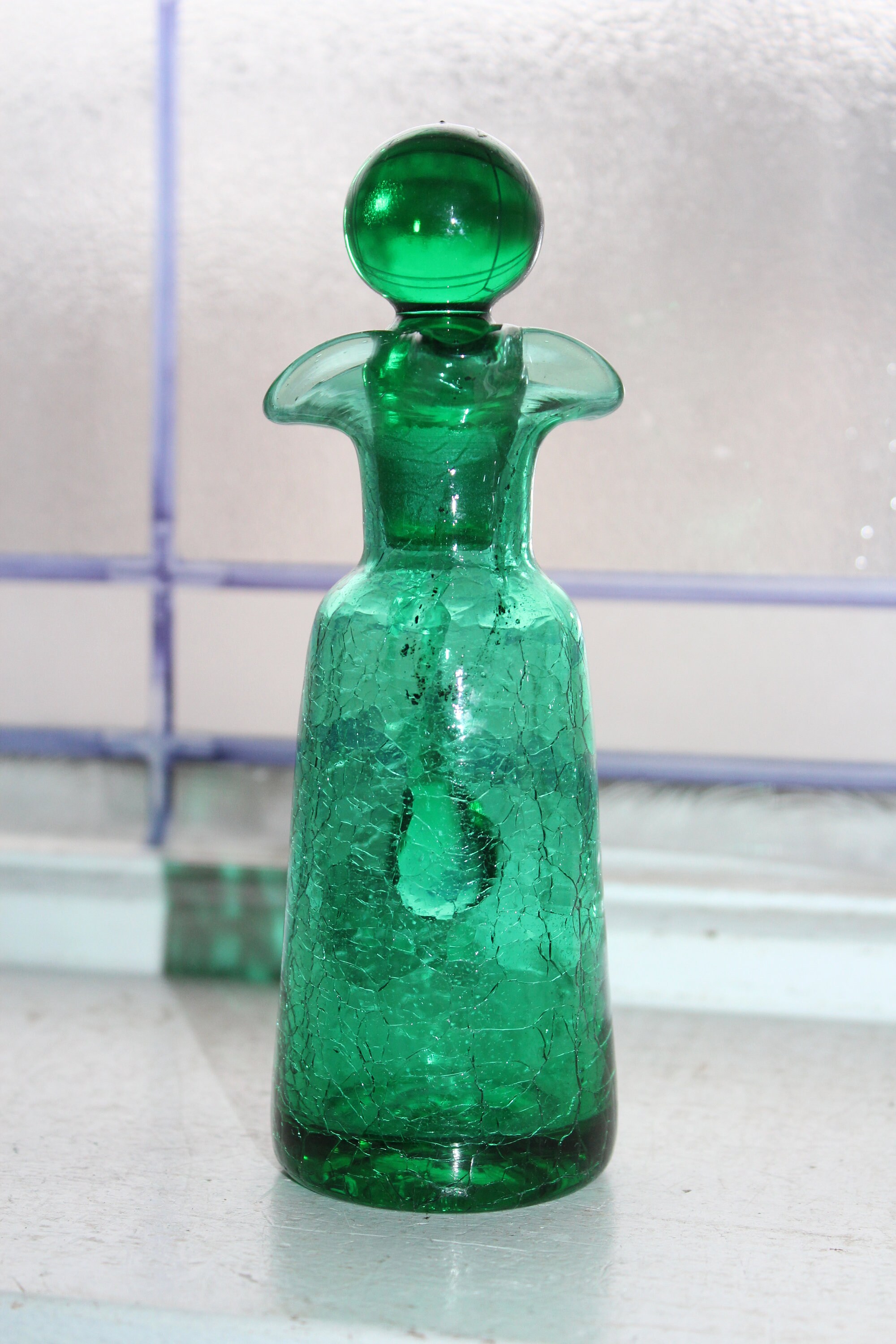 Vintage Green Crackle Glass Cruet Pitcher with Stopper