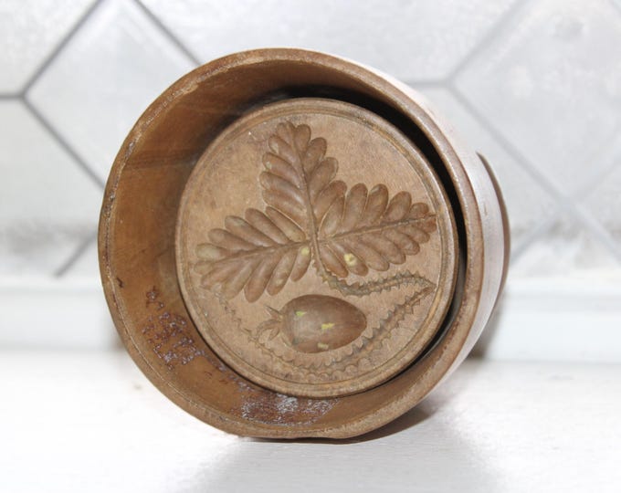 Antique Wooden Butter Mold with Strawberry & Leaves
