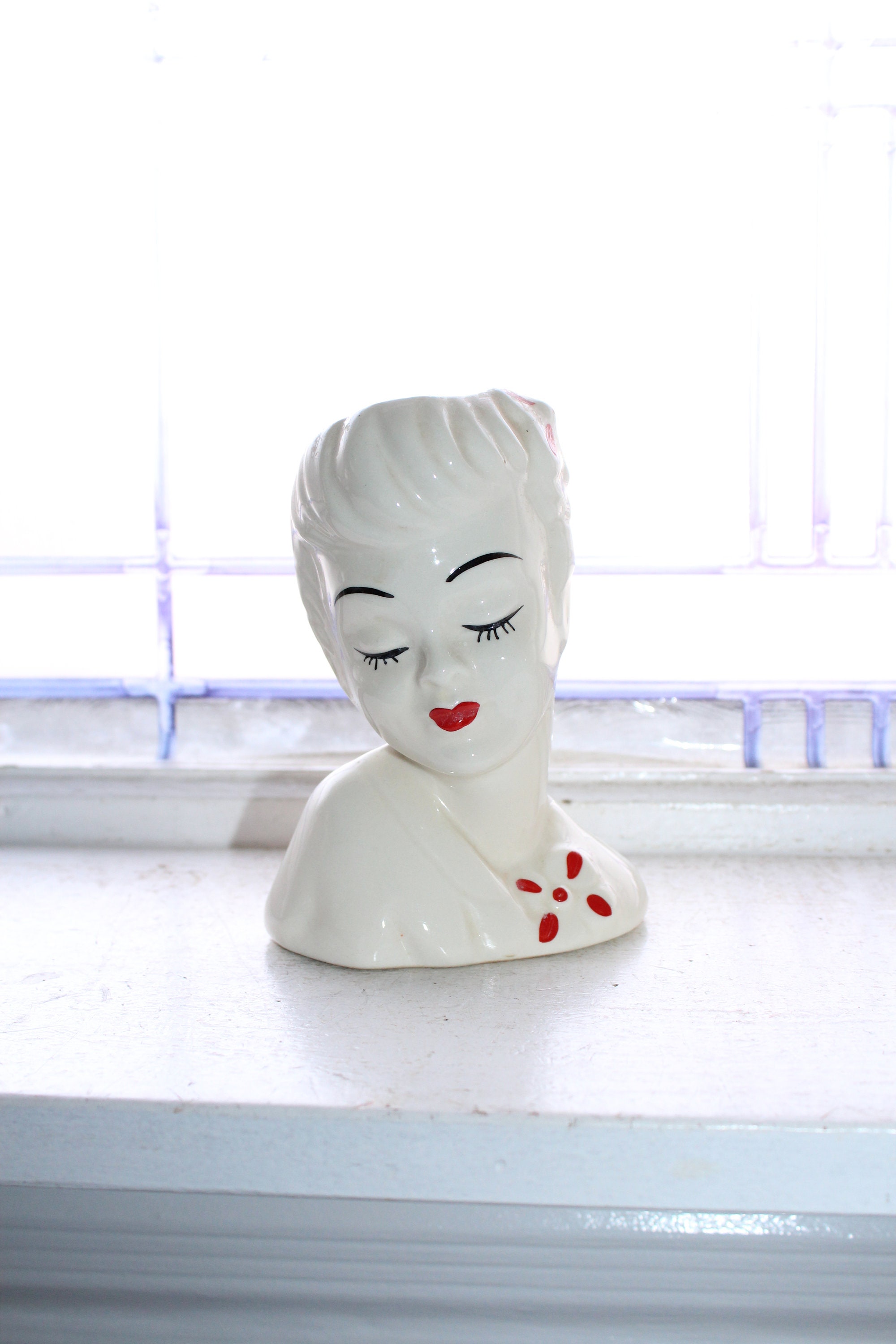 Vintage Lady Head Vase Red and White
