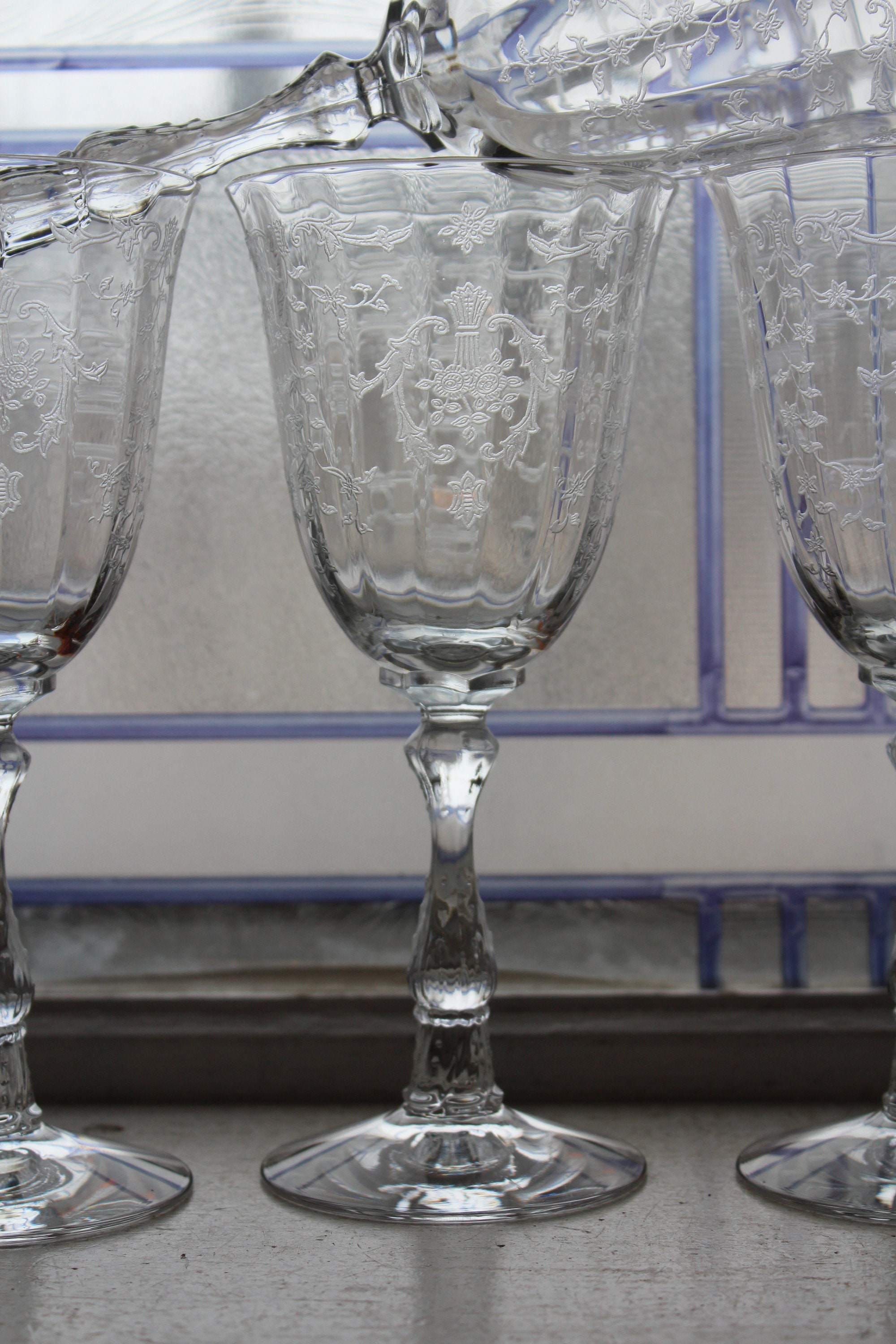 5 Fostoria Navarre Water Goblets Wine Glasses Vintage 7 3/4 Stemware