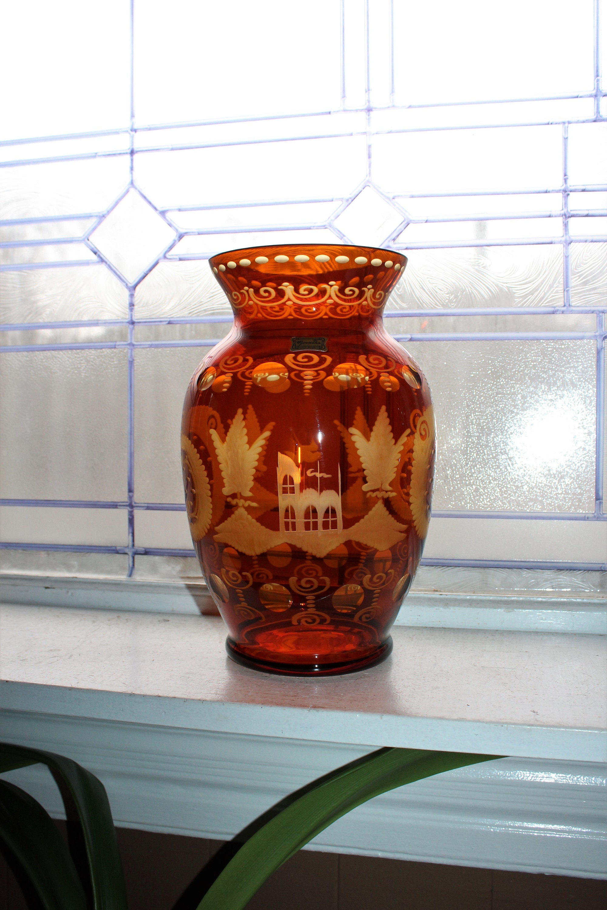 Large Vintage Amber Cut To Clear Bohemain Glass Vase Egermann Czech